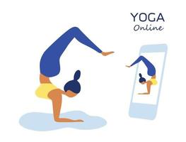 Beautiful woman dong yoga from online yoga mobile course at home vector illustration. Online yoga workout concept background.