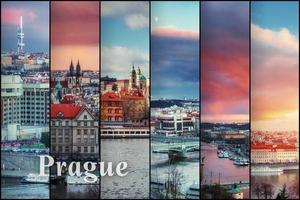 Creative collage view of the Prague architectural monuments with photo