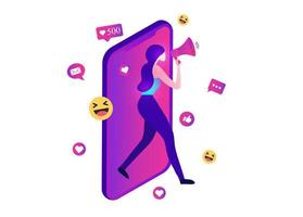 woman shouting in loud speaker with social media icons. Influencer social media marketing, blogger, vlogging, social influencer and influencer marketing concept vector illustration