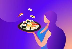 mujer sosteniendo ilustración de vector de comida de sushi japonés