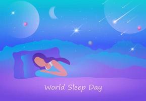concepto del día mundial del sueño, hermosa mujer durmiendo con una buena ilustración vectorial de sueño. vector