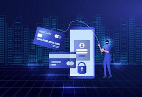 Phishing scam, hacker crime attack and personal data security concept. Hacker stealing online credit card password vector illustration