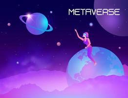 Metaverse digital virtual reality and augmented reality technology, woman wearing virtual reality headset glasses connecting to virtual space and universe vector illustration