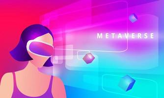 Woman wearing virtual reality goggle glass, having 3d experience in virtual reality  vector illustration. Metaverse and blockchain 3D experience technology concept