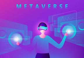 hombre con gafas de realidad virtual, con experiencia 3d en la ilustración de vector de realidad virtual de negocios. concepto de tecnología de experiencia metaverse y blockchain 3d