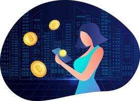 concepto de criptomoneda y blockchain, el hombre compra y vende bitcoins en teléfonos inteligentes, financieros e inversiones en activos digitales, ilustración vectorial vector