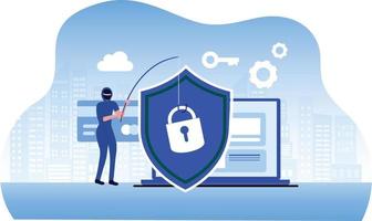 Phishing scam, hacker crime attack and personal data security concept. Hacker stealing online credit card password vector illustration