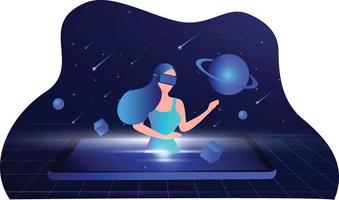 Metaverse digital virtual reality and augmented reality technology, woman wearing virtual reality headset glasses connecting to virtual space and universe vector illustration