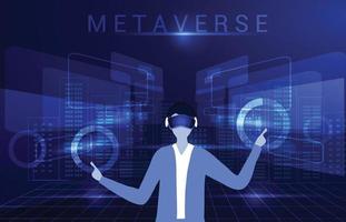 Man wearing virtual reality goggle glass, having 3d experience in virtual reality  vector illustration. Metaverse and blockchain 3D experience technology concept