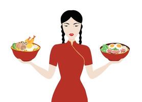 Chinese girl holding Japanese ramen noodle bowls isolated vector illustration