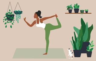 hermosa mujer haciendo ejercicio de yoga en la ilustración de vector de playa. concepto de entrenamiento de estilo de vida de salud