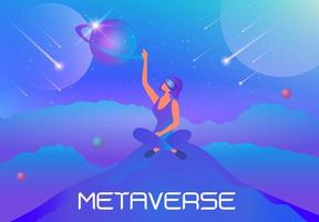 Woman wearing virtual reality goggle glass, having 3d experience in virtual reality in universe world vector illustration. Metaverse and blockchain 3D experience technology concept