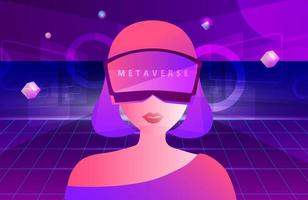 Woman wearing virtual reality goggle glass, having 3d experience in virtual reality  vector illustration. Metaverse and blockchain 3D experience technology concept