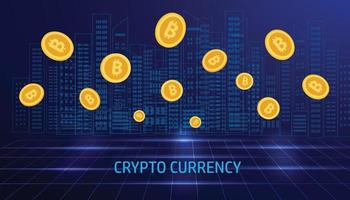 Cryptocurrency and blockchain concept, golden crypto coins on blue background, financial and investment in digital asset,   vector illustration