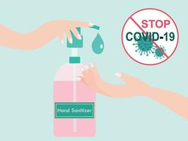 Hand sanitizer pump bottle and stop COVID-19 sign. Hands applying on hand sanitizer washing to protect COVID-19 coronavirus disease outbreak vector illustration. New normal after covid-19 pandemic