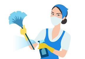 Housekeeping wearing surgical mask and holding hygiene cleaning products to clean house to protect COVID-19 coronavirus outbreak. Disinfection and hygiene cleaning concept background vector
