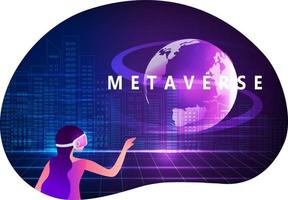 Woman wearing virtual reality goggle glass, having 3d experience in virtual reality in universe world vector illustration. Metaverse and blockchain 3D experience technology concept