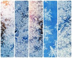 Collage of ice crystals on a window. Instagram tonic effect photo