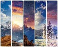 Creative collage majestic mountains in different seasons. Instag photo