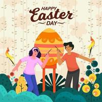 Couple Decorating Easter Egg in the Park Concept vector