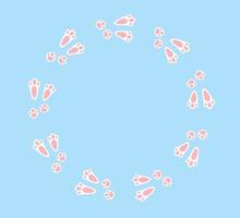 Rabbit or hare footprint trail. Easter bunny foot prints. Rabbit paw steps on snow. Hare steps track. Blank round frame template. Vector illustration isolated on blue background in flat style