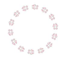 Rabbit or hare footprint trail. Easter bunny foot prints. Rabbit paw steps. Hare steps track on snow. Blank round frame template. Vector illustration isolated on white background in flat style