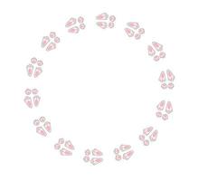 Rabbit or hare footprint trail. Easter bunny foot prints. Rabbit paw steps. Hare steps track on snow. Blank round frame template. Vector illustration isolated on white background in flat style