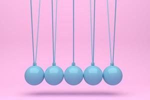 bola de newton a todo color, bola de equilibrio, diseño, juguete, rosa, azul, amarillo, violeta, fondo, oscilación de impulso, movimiento, aislamiento, representación 3d - ilustración foto