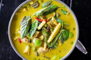 Thai food chicken green curry on  wooden background. top view photo