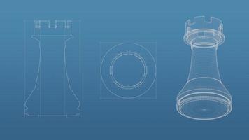 Chess 3d blueprint mesh model  on a blue background. Front view orthographic  and perspective free style render, 3d rendering photo