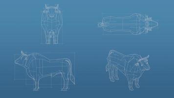 Cow 3d blueprint mesh model  on a blue background. Front view orthographic  and perspective free style render, 3d rendering photo