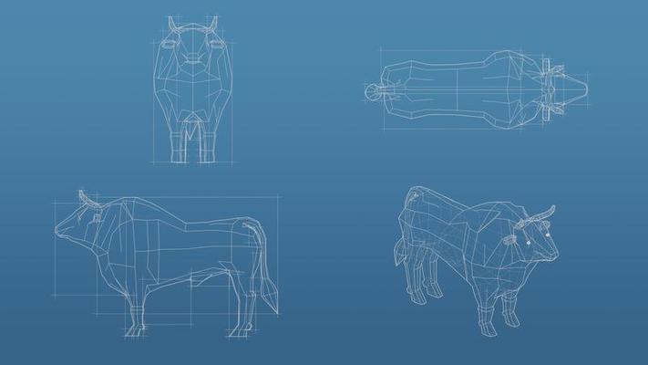 Cow 3d blueprint mesh model on a blue background. Front view orthographic  and perspective free style render, 3d rendering 6859654 Stock Photo at  Vecteezy