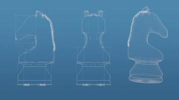 Chess 3d blueprint mesh model  on a blue background. Front view orthographic  and perspective free style render, 3d rendering photo