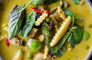 Thai food chicken green curry on  wooden background. top view photo