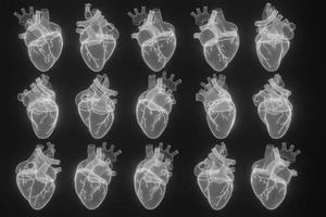 Los corazones de estructura alámbrica 3d representan fondos blancos aislados, líneas de forma de icono de corazón abstracto y triángulos, red de conexión de puntos sobre fondo azul, representación 3d foto