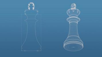 Chess 3d blueprint mesh model  on a blue background. Front view orthographic  and perspective free style render, 3d rendering photo