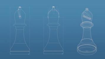 Chess 3d blueprint mesh model  on a blue background. Front view orthographic  and perspective free style render, 3d rendering photo