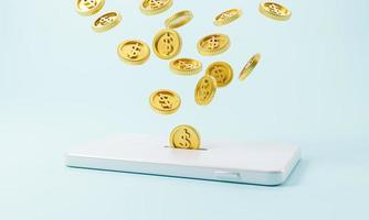 Golden coins dropping to mobile phone for money transfer and internet mobile banking or electronic transaction concept by 3d render. photo