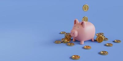 Golden coins putting to pink piggy save money on blue background for deposit and financial saving growth concept by 3d render. photo