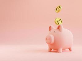 Golden coins putting to pink pink piggy save money on pink background for deposit and financial saving growth concept by 3d render. photo