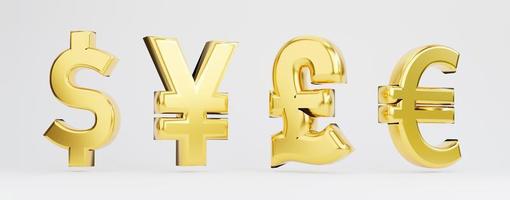 Isolate four main golden currency include US dollar Yuan or Yen Pound sterling and Euro on white background for currency exchange concept by 3d rendering. photo