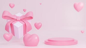 Happy valentine day banner with gift box and hearts 3d objects with podium for product presentation on pink background.,3d model and illustration. photo