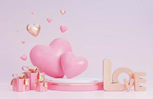 banner de feliz día de san valentín con podio para la presentación del producto y corazones objetos 3d sobre fondo rosa, modelo 3d e ilustración.