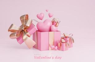 Happy valentine's day banner with 3d hearts, gift box and romantic valentine decorations on pink background.,3d model and illustration. photo