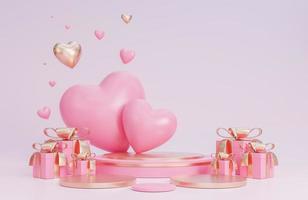Happy valentine day banner with podium for product presentation and hearts 3d objects on pink background.,3d model and illustration. photo