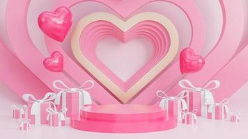 estilo de papel de feliz día de san valentín con podio para la presentación del producto y corazones objetos 3d sobre fondo rosa, modelo 3d e ilustración. foto