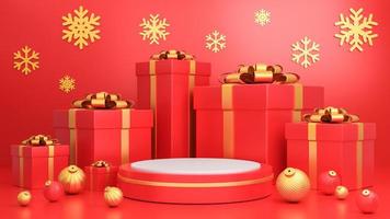Holiday Christmas and Happy new year red and gold color background with a gift box and podium display stand for show Luxury products packaging presentation.,3d model and illustration. photo