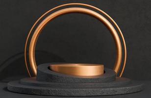 podio de círculo de cobre para la presentación del producto en estilo de lujo de fondo de pared de hormigón negro, modelo 3d e ilustración.