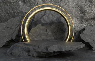 podio de piedra negra para la presentación del producto y arco dorado sobre fondo de pared de piedra estilo lujoso.,modelo 3d e ilustración. foto