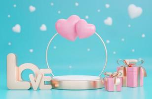 Happy valentine's day with 3d empty podium and romantic valentine decorations on green background.,3d model and illustration. photo